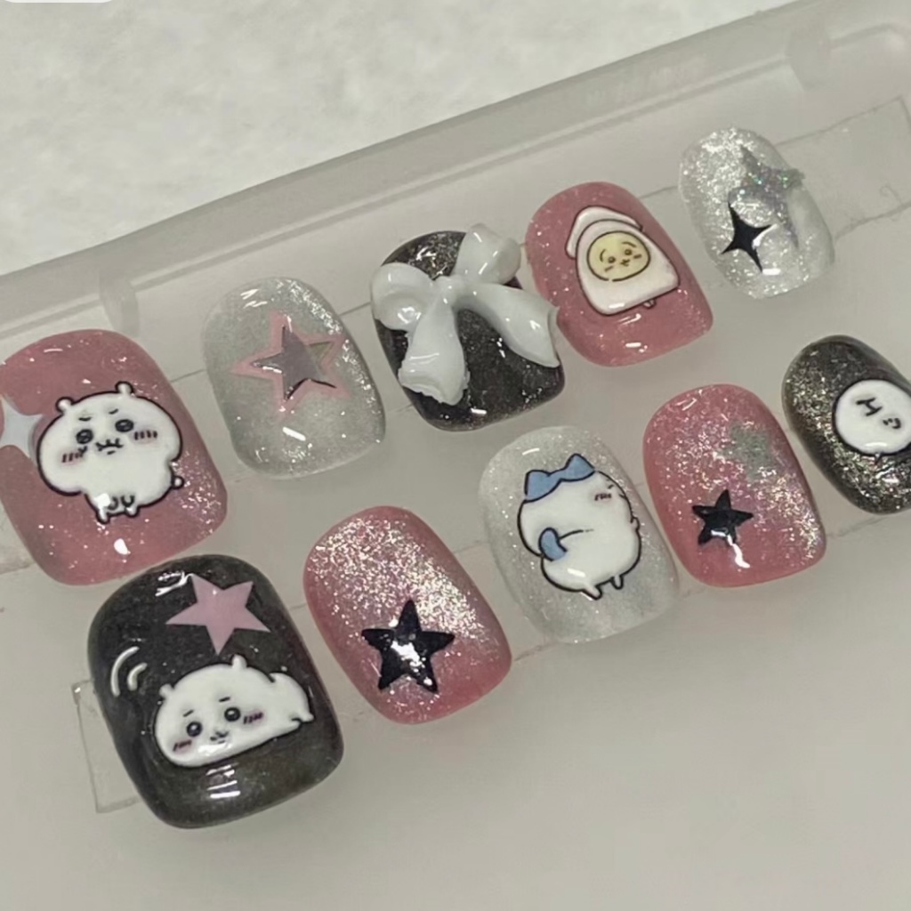 Chiikawa cute handmade nail short shape pink nail art | Shopee Malaysia