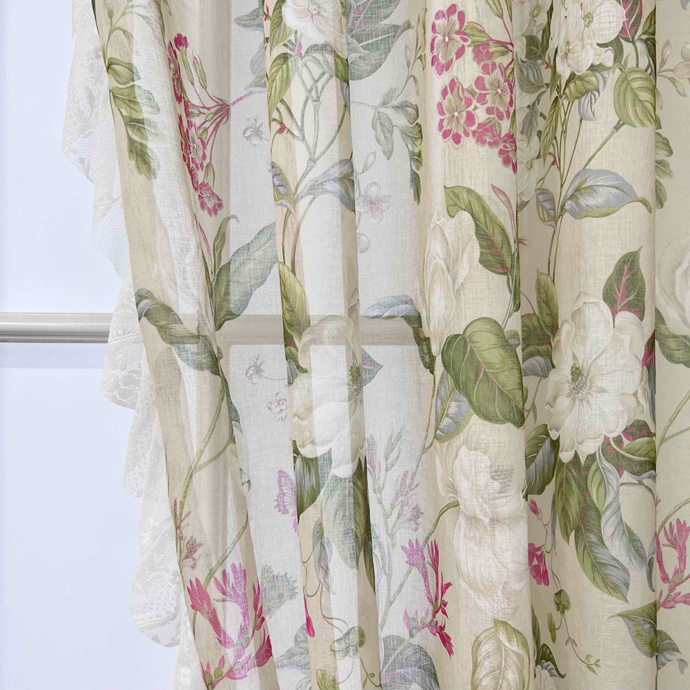 Tropic Floral Blossom Printed Semi Sheer Curtain for Living Room Faux ...