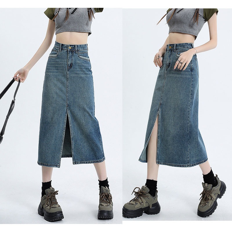 Barley SEASON High Waist Long Skirt Denim Long Skirt ALine Skirt Blue