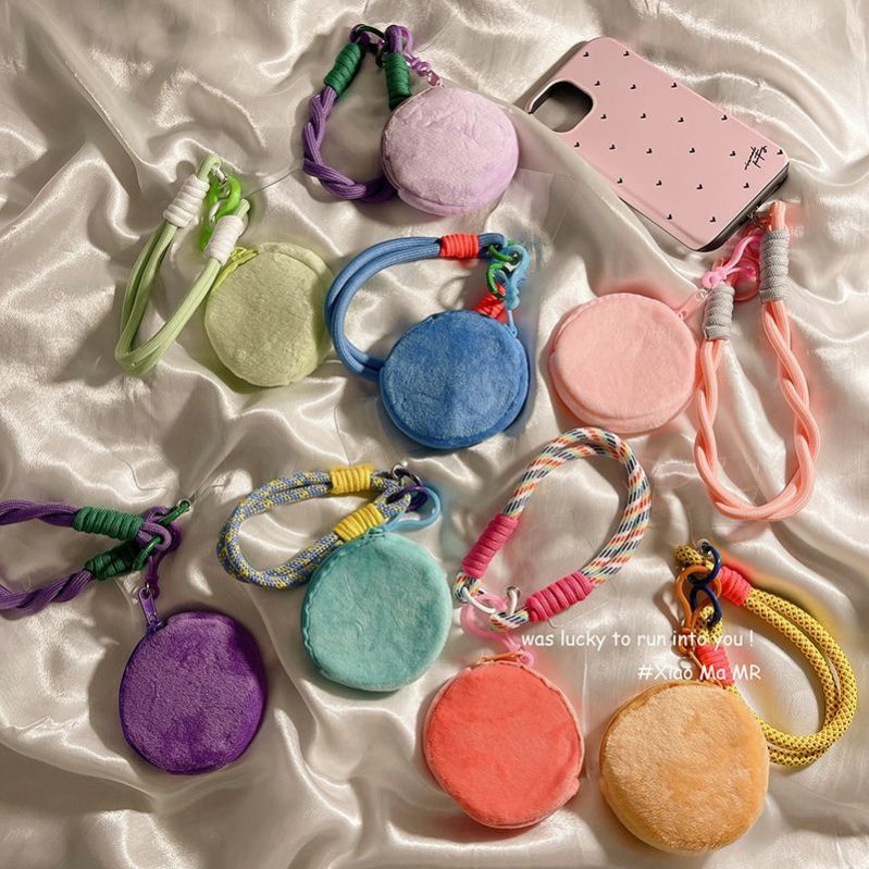 Plus Soft Solid Color Round Coin Purse Handbag mini Storage Bag Card Holder Cute Strap Hand Strap Lanyard Short Wallet