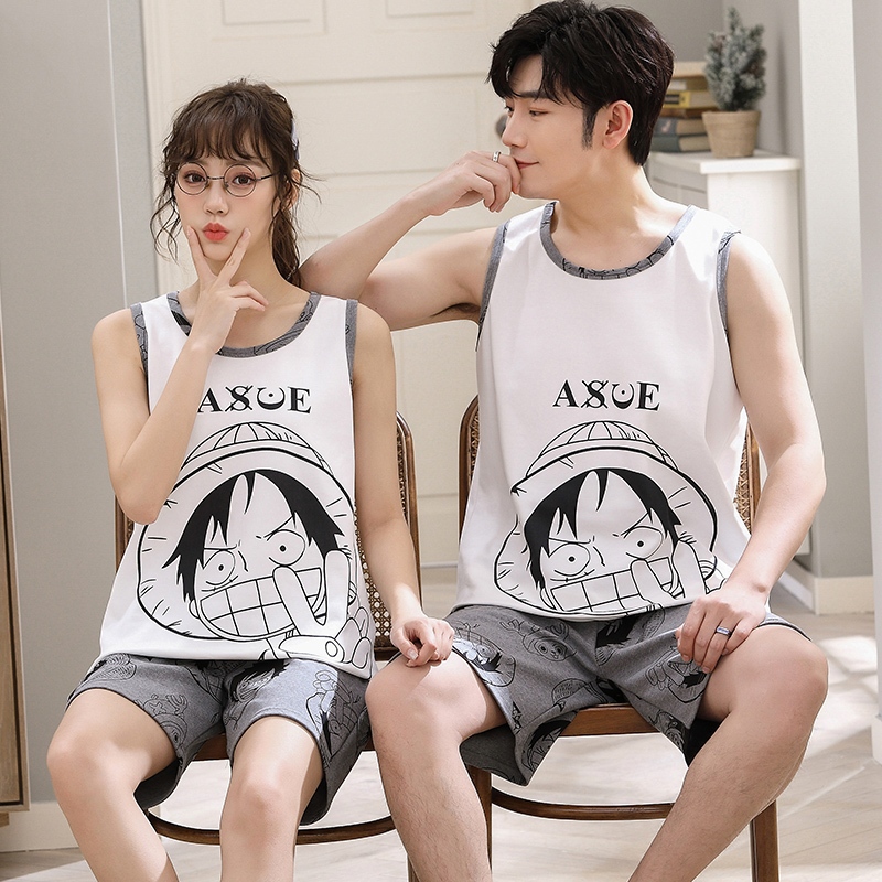 Men Pyjamas set cotton Baju tidur nightclothes Couple vest home wear summer pajamas shorts Korean version sleeveless and short pants cartoon nightwear plus size sleepwear Shopee Malaysia