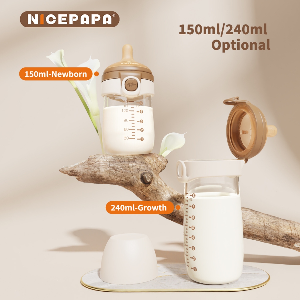 NICEPAPA Glass Baby Milk Bottle Botol Susu Flip Cap Baby Bottle Wide