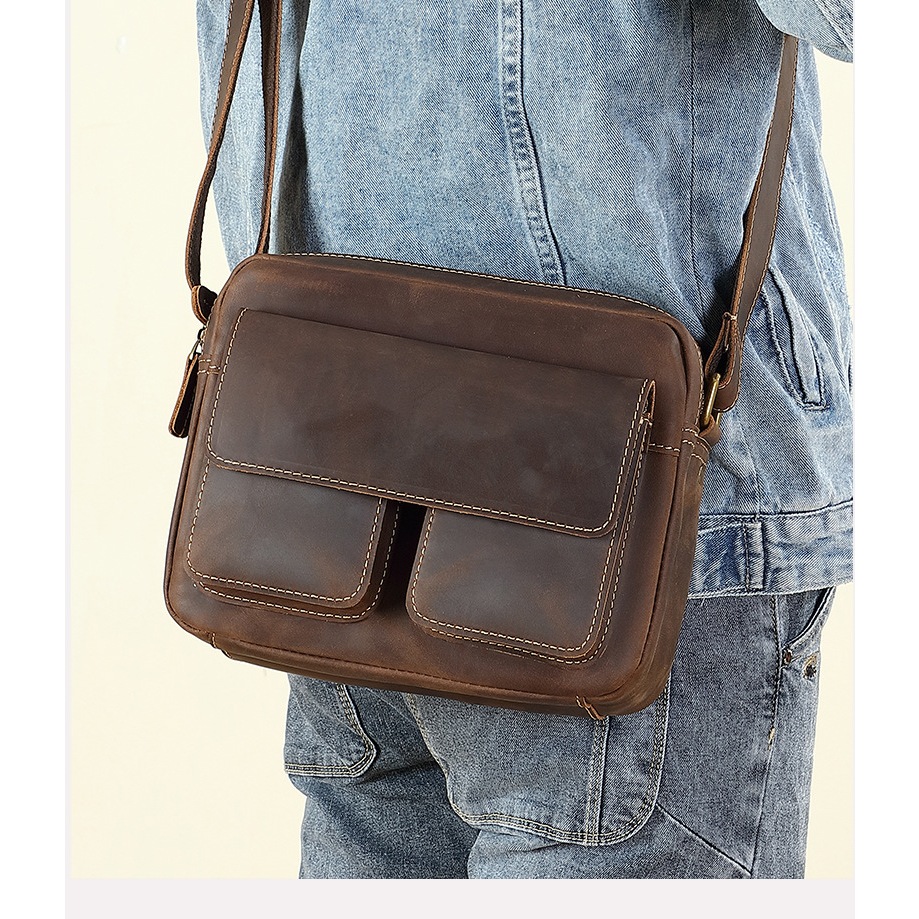 Crazy Horse Leather Messenger Bag Retro Men's First Layer Cowhide Business Casual Genuine
