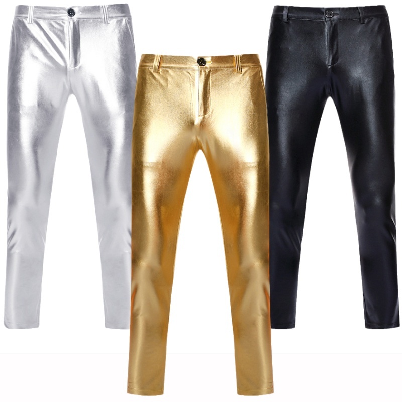 Men's Shiny Gold Suit Pants Fashion Gilded Faux Leather Trousers Party ...