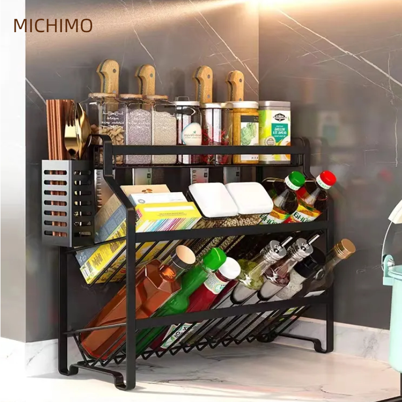Non-slip Spice Rack Kitchen Storage Shelf Black 3 Tier Kitchen Supplies ...