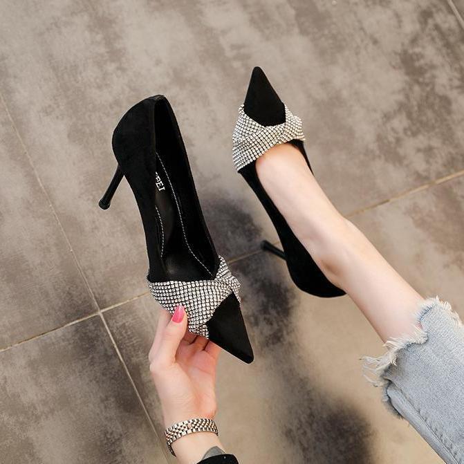 Small Heels Women 2023 New Style Pointed Stiletto High 3CM Bow Low  Heel Shoes Korean Bridesmaid