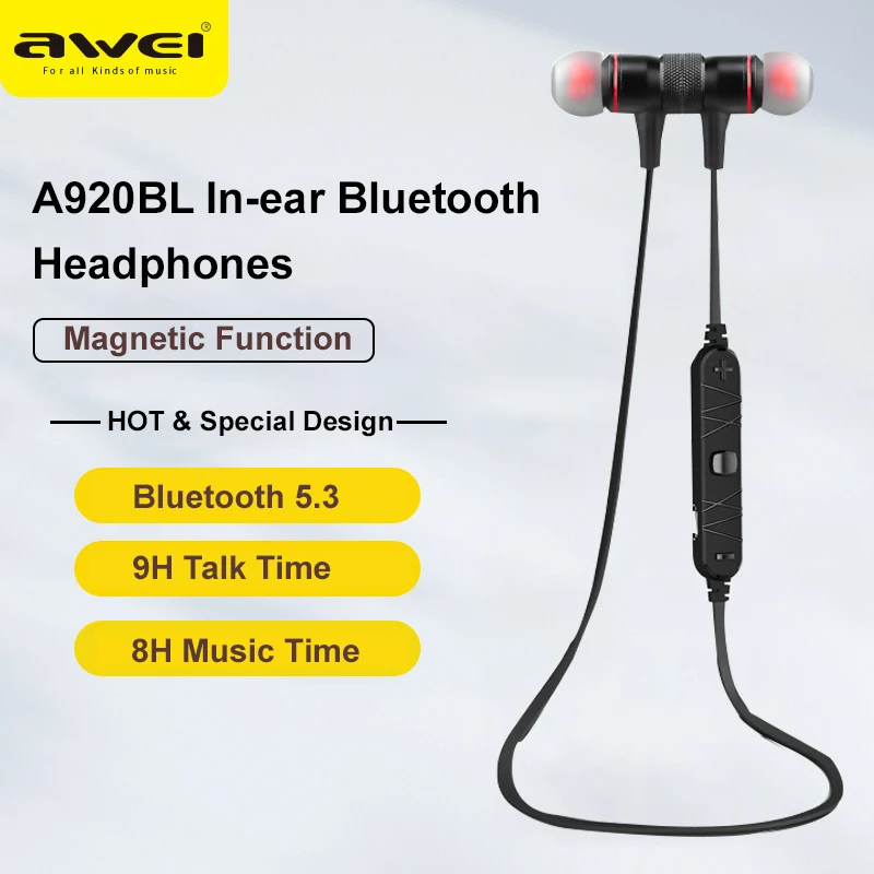 Awei A920BL Wireless Headphones Bluetooth Neckband Earphones Magnetic  Sports Waterproof TWS Earbuds Blutooth Headset With Microphone