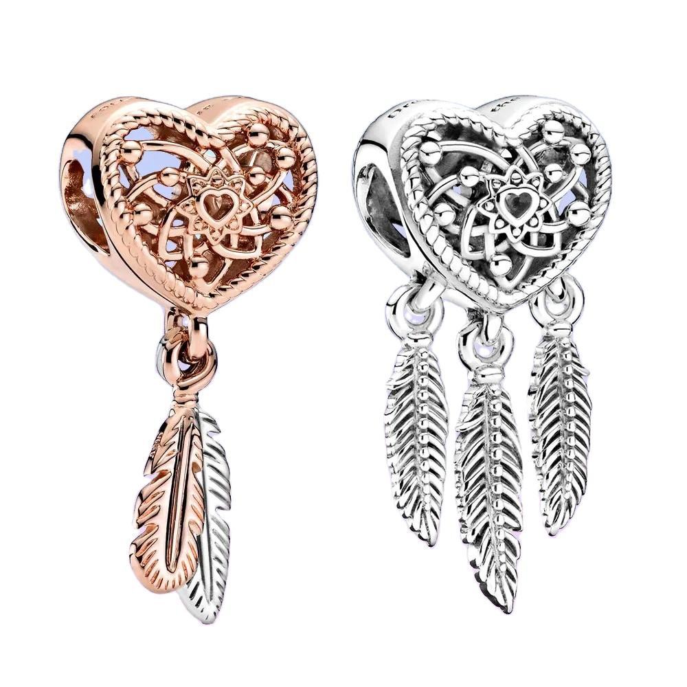 Hollow Heart Three Feathers Dreamcatcher Charm 925 Sterling Silver Rose Gold Pandora Bracelet DIY Jewelry for Women Gift Shopee Malaysia