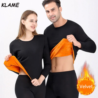 KLAME L-4XL Plus Size Winter Thermal Underwear Women And Men Long Johns  Warm Solid Comfort Soft Casual Double Faced Velvet Plush Top With Pants  Thick KLM906