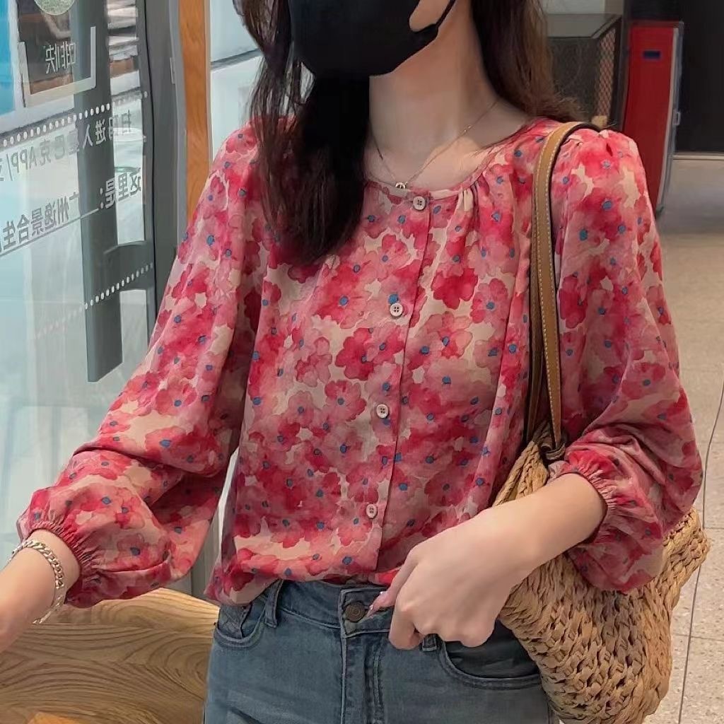 Irregular Blossom Flower Pattern Puff Sleeve Shirt