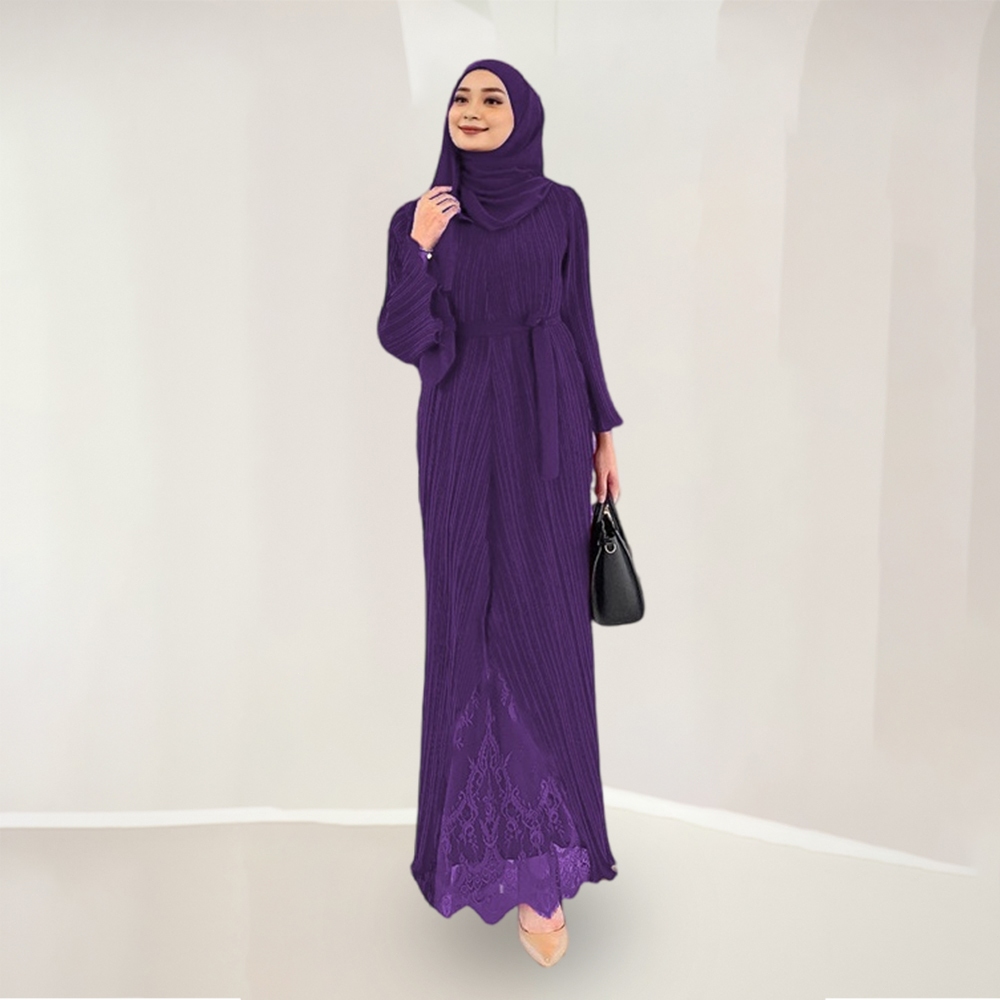 Yeleedon Abaya Pleated Jubah Muslimah Dress Lace Rhinestone Plain ...