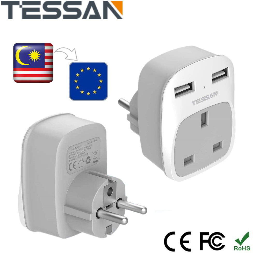 Malaysia to European Plug UAS Travel Adapter 2 Pack, TESSAN Grounded