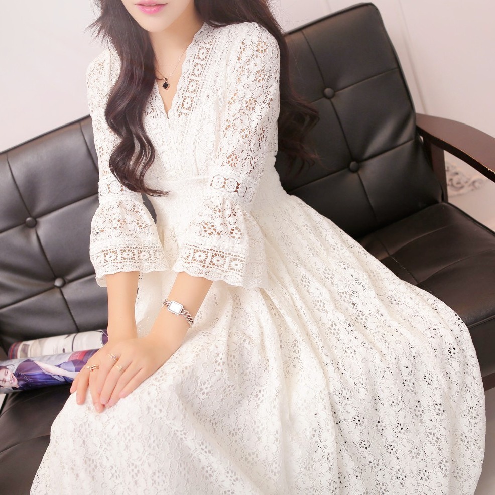 Women Lace Dress Fashion Long Sleeve Elegant White Dresses | Shopee ...