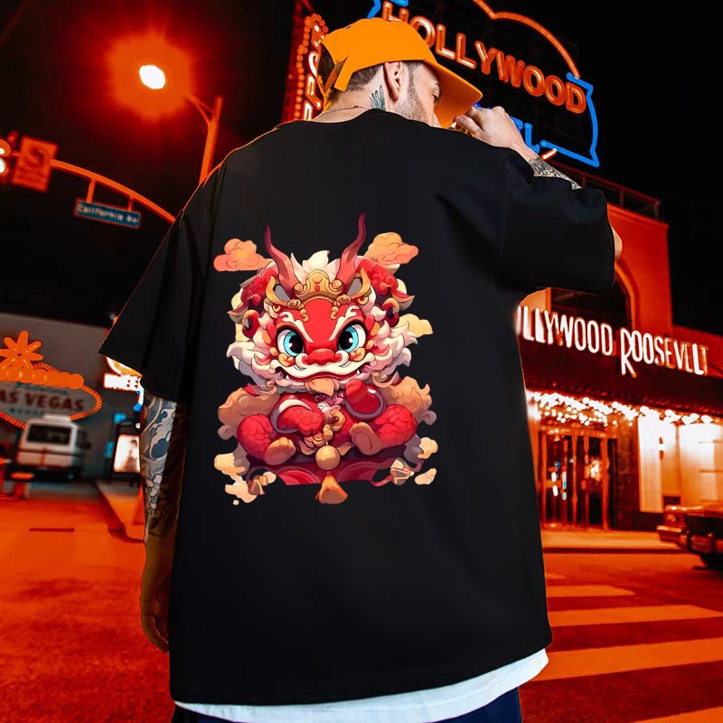 M-8XL 2024 Dragon Year Summer Harajuku Street Retro Cartoon Kirin ...