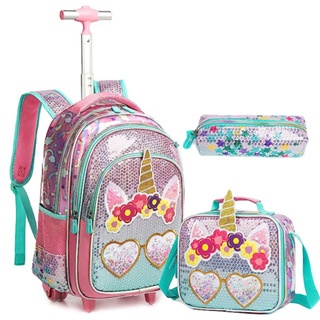 Unicorn Rolling Backpack Girls Trolley Backpack Set 17 Inch Children's ...