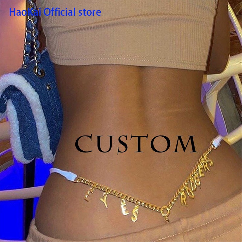 Name Custom Waist Chain】 Haokai Women's Fashion Stainless Steel Letter  Pendant Thong Underpants Custom Waist Chain Thong Chain Accessories