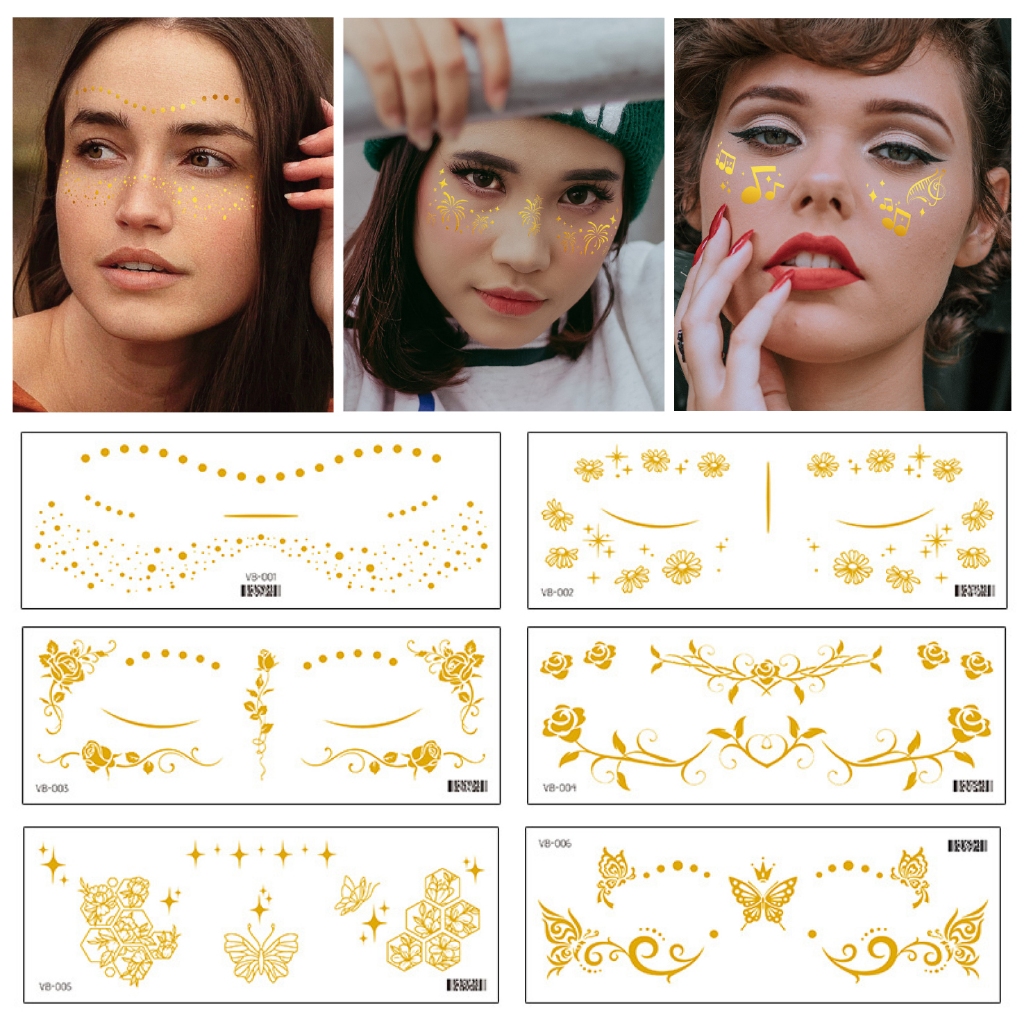 Face Tattoo Sticker Temporary Tattoo Waterproof Girls Glitter Gold