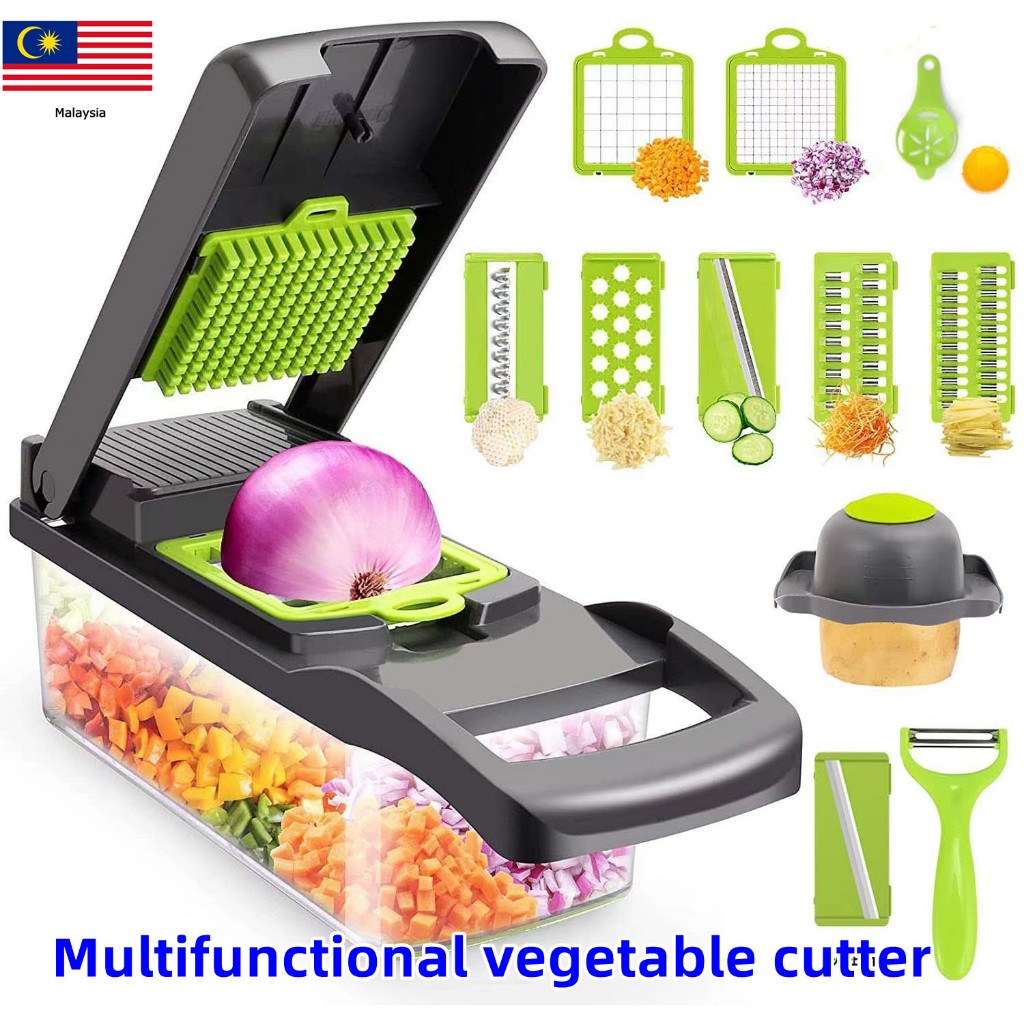 12Pcs Sets Multi-Function Vegetable Slicer,Onion Mincer Chopper, Vegetable  Chopper, Cutter, Dicer, Egg Slicer with Container,Hand Guard and Container  (Blue)