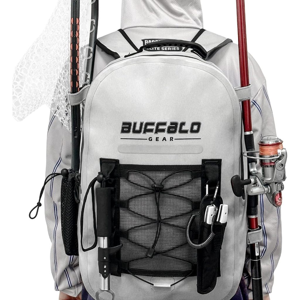 Buffalo Gear Waterproof Fishing Backpack with Rod Holder, 26L Fly