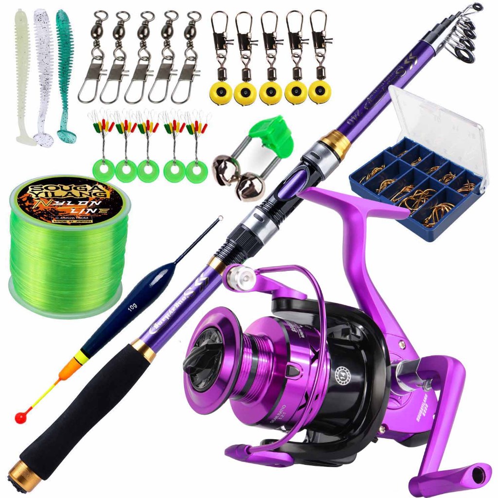 Set Telescopic Fishing Rod Carbon Fiber 1.8m/3.3m and Spinning Fishing  Reels 1000-7000 Size Aluminum Spool 10-20KG Max Drag with Line Lure  Accessory