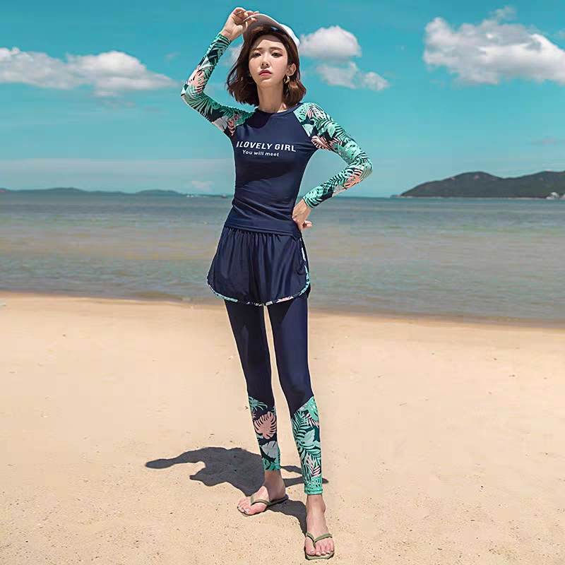 YIHE Swimsuit for women korean style Swimsuit for women 3 piece swimming  suit for women long sleeve beachwear for women Diving Long Sleeve 泳衣女装  Black M