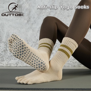 Unisex Yoga Crew Socks with Grips Solid Color 5 Toe Separator Non