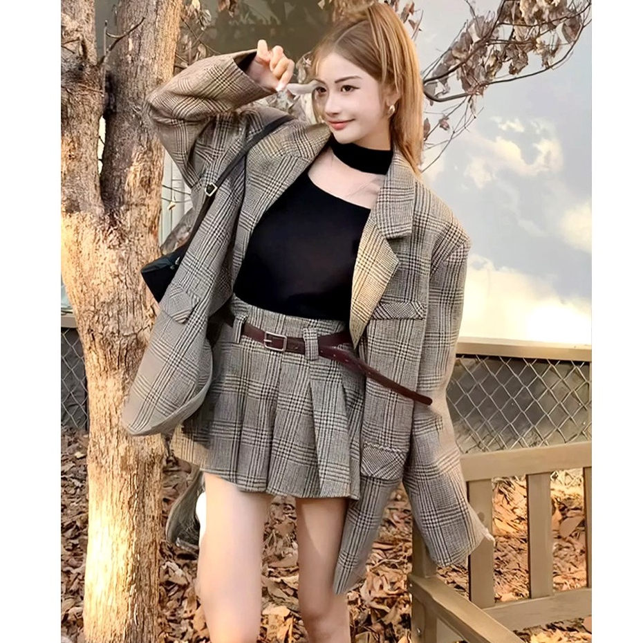 Autumn Winter New Style Korean Style Preppy Style Suit Skirt Women s Mid Length Checked Blazer High Waist Pleated Skirt