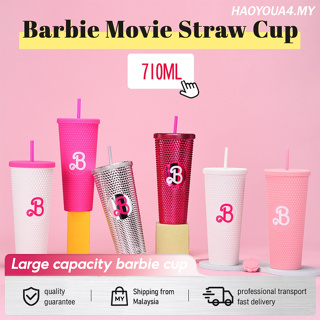 CAKEASY Pink Studded Tumbler, Bling Bling Pink Cup, Girls Water Bottle with Straw, Barbe Movie Merch, 24oz Double Wall Insulated Tumbler for Women