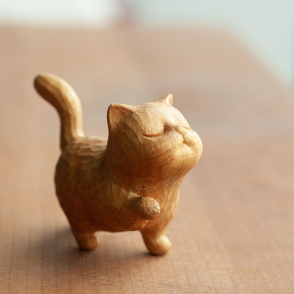 Cat Statues Home Decor | Wooden Sculpture Hand Carved Craft Cute Cat ...