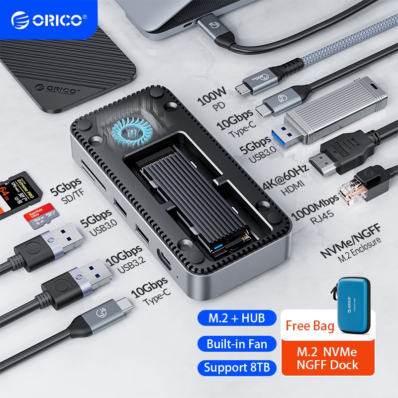 ORICO USB C HUB with Cooling Fan NVMe/SATA SSD Enclosure 10 In 1 Type C  Docking Station PD 100W Charging USB3.2 10Gbps HDMI RJ45 SD/TF Adapter for  MacBook HP Lenovo Laptops DPM2P9