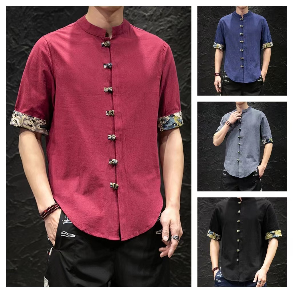 唐裝男裝 short sleeved shirt with button up cotton and linen stand up ...