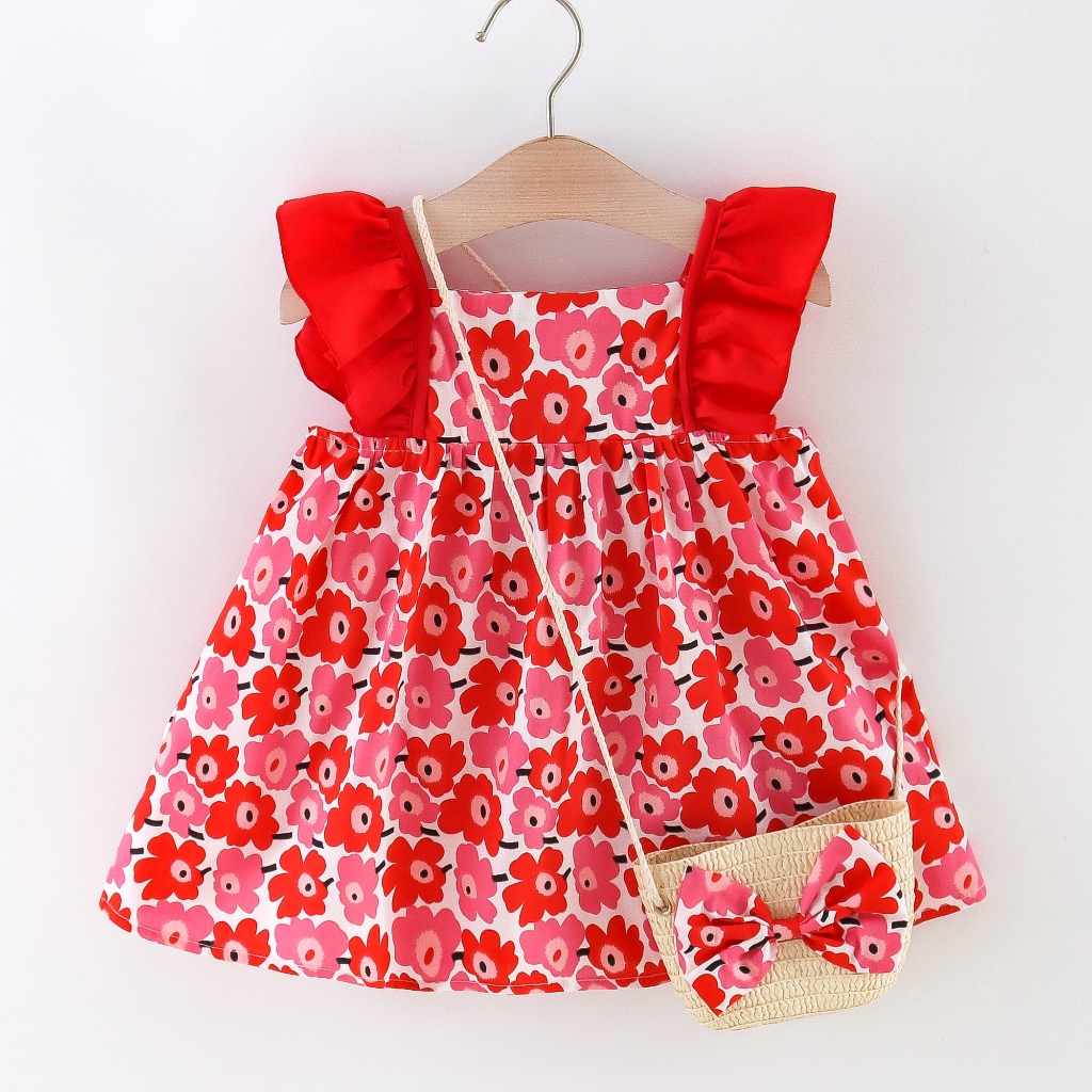 Summer New Small Floral Sleeveless Baby Girl Dress Sweet And Fashionable Children'S  Clothing+Bag (0-3 Years Old)