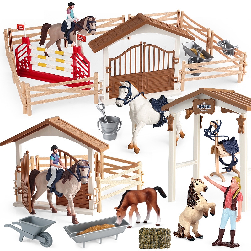scene stable competitive rider equestrian riding horse set children ...