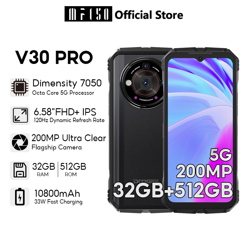 DOOGEE V30 Pro Rugged Phone 12GB+512GB 200MP Camera 10800mAh Battery 6.58  FHD Display Android 13 Dimensity 7050 5G NFC Phone