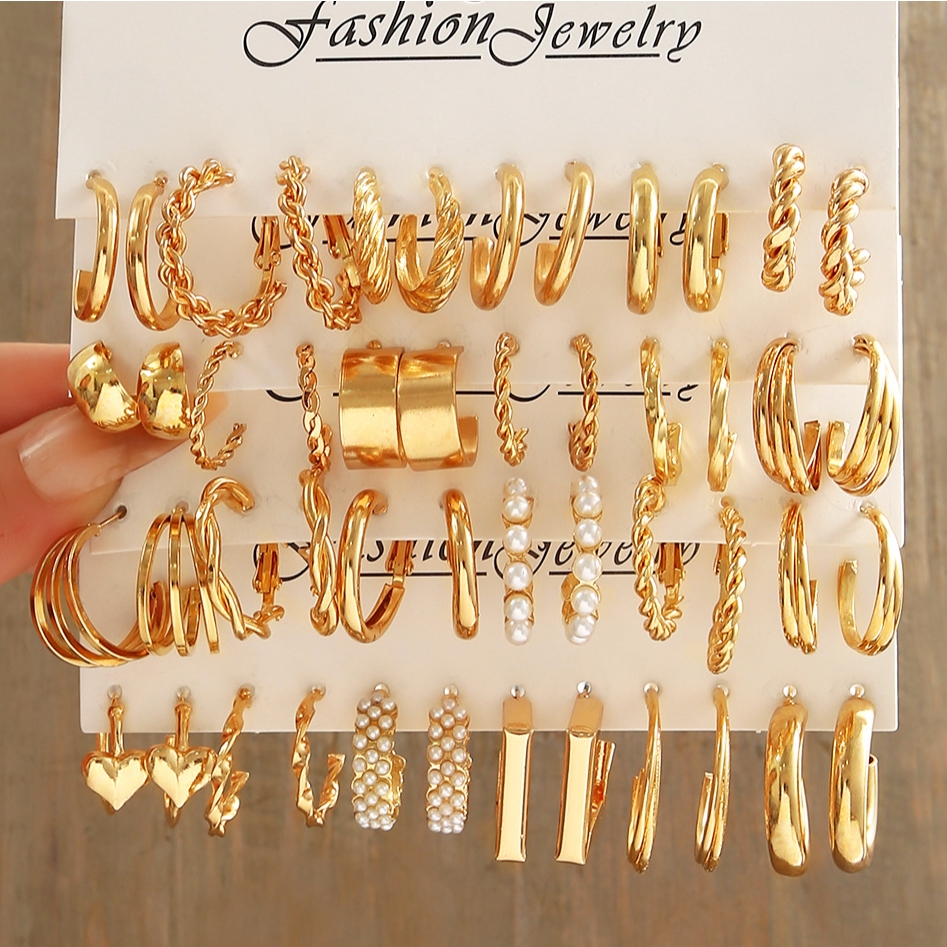 48Pcs Gold Color Vintage Hoop Earrings Set Women Boho Metal Circle Geometric Pearl Dangle ...