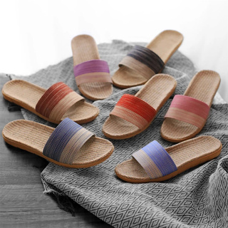 Ready Stock】New Leaves Indoor Slippers Woman Home Linen Beach Shoes  Hawaiian Bohemia Style Sandal