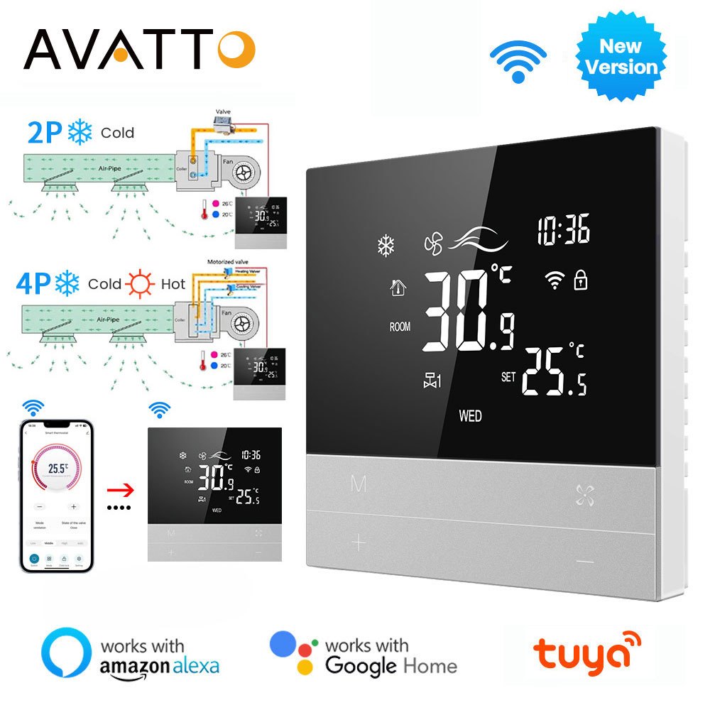 AVATTO Tuya WiFi Smart Central Air Conditioning Thermostat Switch Heating Cool 3 Speed Fan Coil