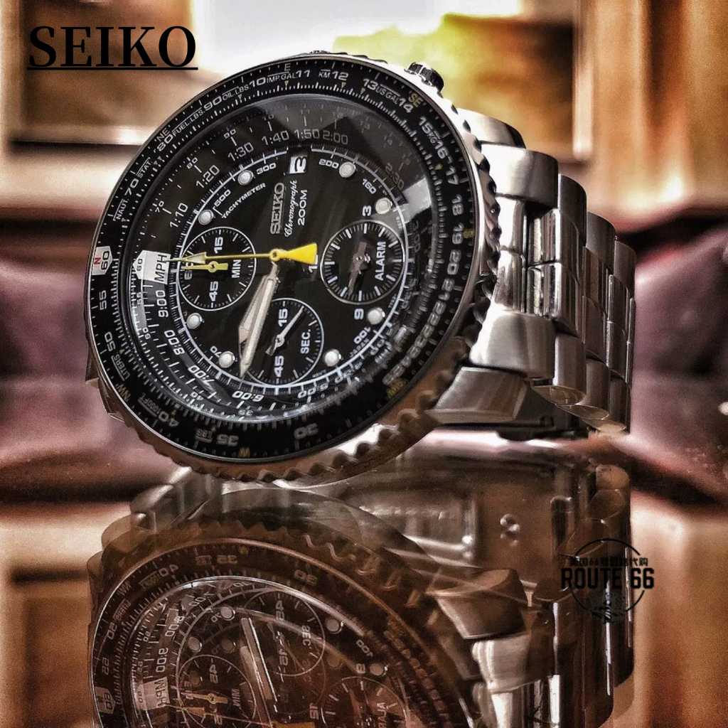 Seiko flight chronograph steel black dial men's watch online sna411