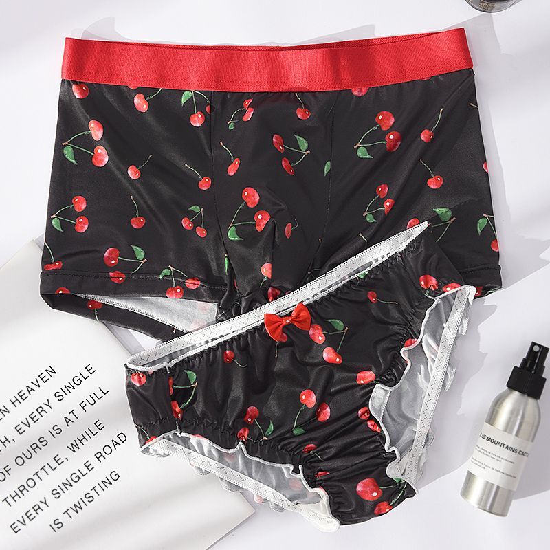 Couple Underwear Set 2pcs Lace Up Sexy Fruit Printing Couple Matching Briefs Boxer Panty Kit Fashion Wedding Day Party Holiday Gift set for Girlfriend