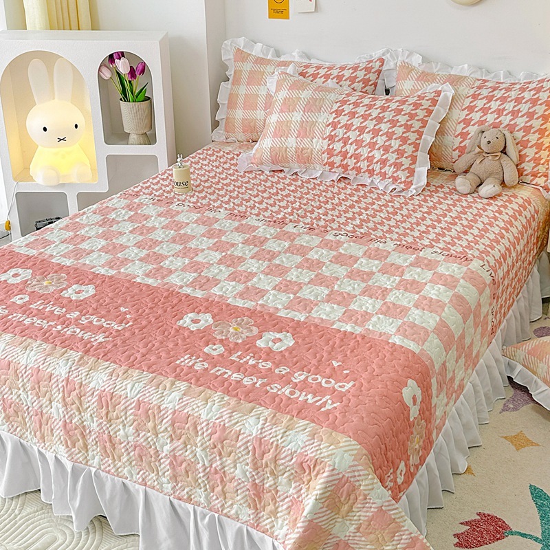 Pink Bedsheet Lace Bed Cover Skirt Princess Style Chiffon Quilted Bed