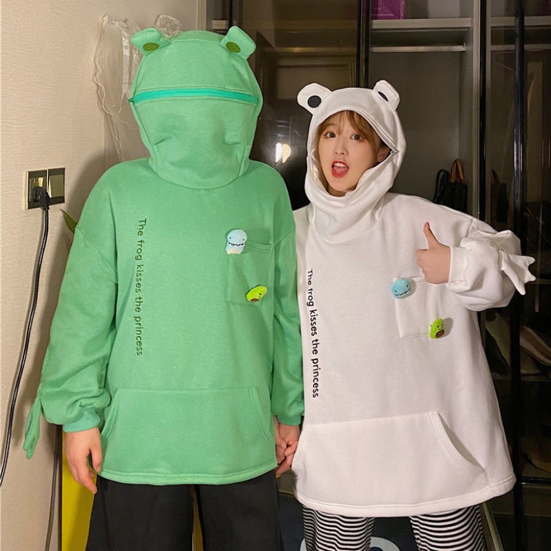 Internet famous couple frog pullover hoodie with hood and plush