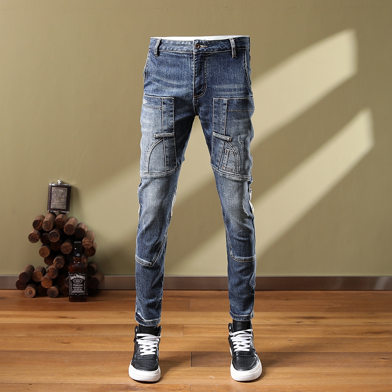 High quality retro men jeans with blue slim fit and multi pocket design ...