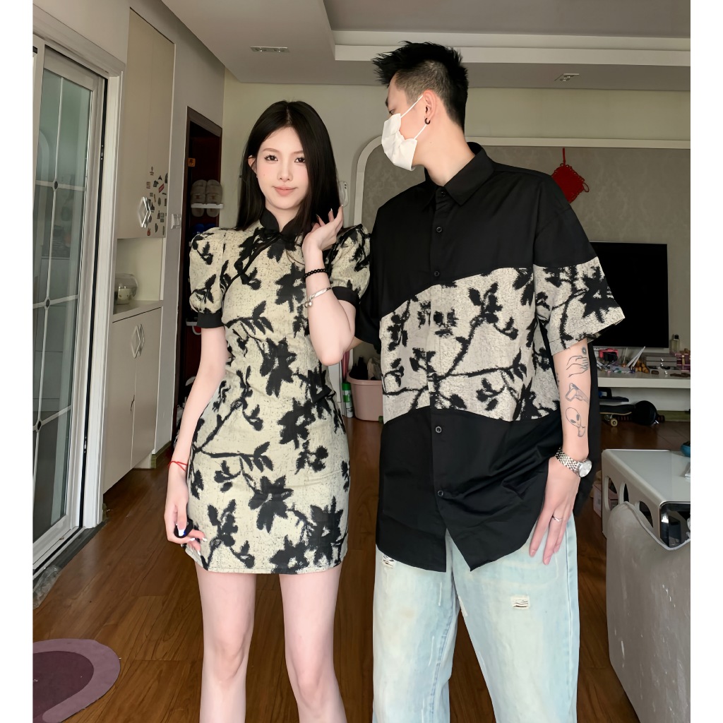 Ready Stock Summer National Style Couples Wear Short Sleeved Improved Short Cheongsam Dress Street Wear Men s Stitching Shopee Malaysia