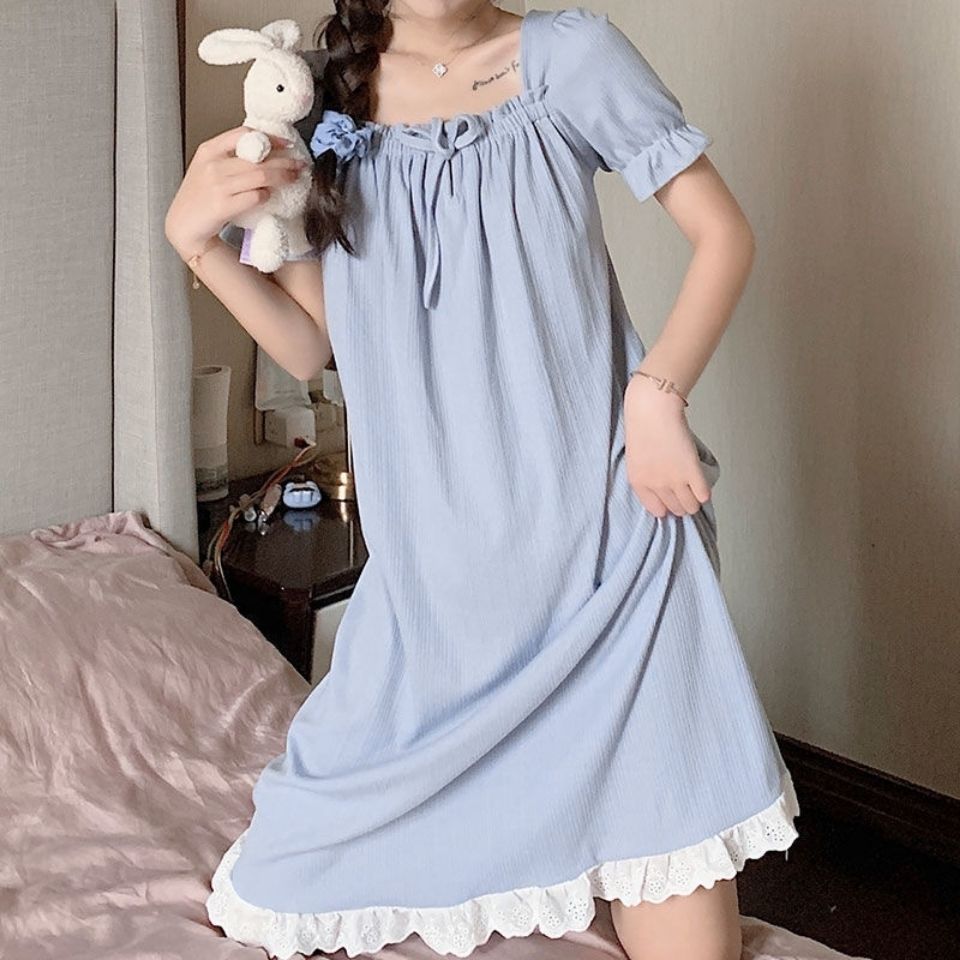 🎁Ready Stock🎁INS Korean Simple pure color long sleeve sleep long skirt ...