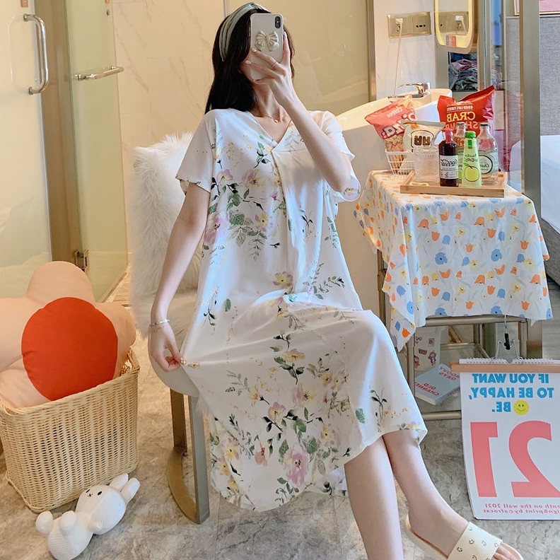 READY STOCK】Baju Tidur Wanita Plus Size Night dress Cotton silk Nightdress  ladies sleeping dresses summer new short sleeves cartoon printed Pajamas  Korean version of the large size loose Nightwear home service Comfortable