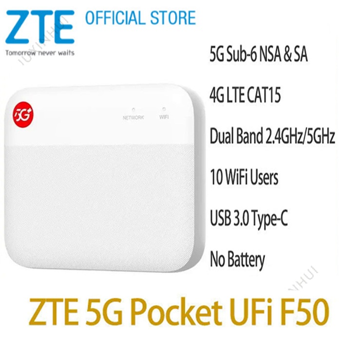 ZTE 5G Pocket UFi F50 Mini WiFi Router Dual Band 1.6Gbps USB 3.0 Type-C ...