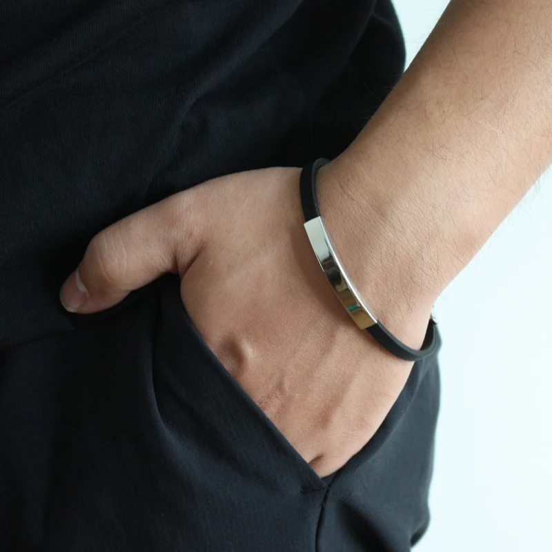 New Design Thin Wristband black Punk Rubber Silicone Stainless Steel Men  Bracelets Bangles