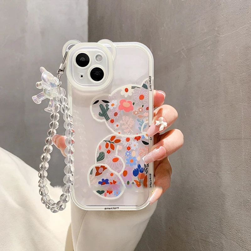 3D Bear Ear Flower Transparent Hang Phone Chain Silicone Case for ...