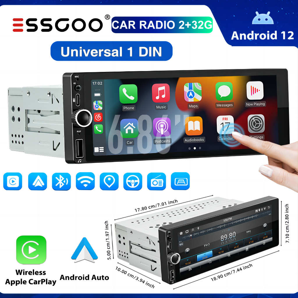 ESSGOO Carplay Android Auto Single Din Android Car Player 2+32GB Touch