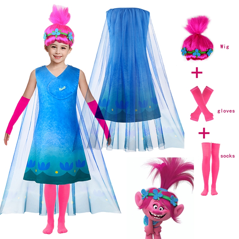 Girls Poppy Dress Cosplay Costume Christmas Carnival Trolls and Wig Baby Girls Children Princess Party For Kids Suit